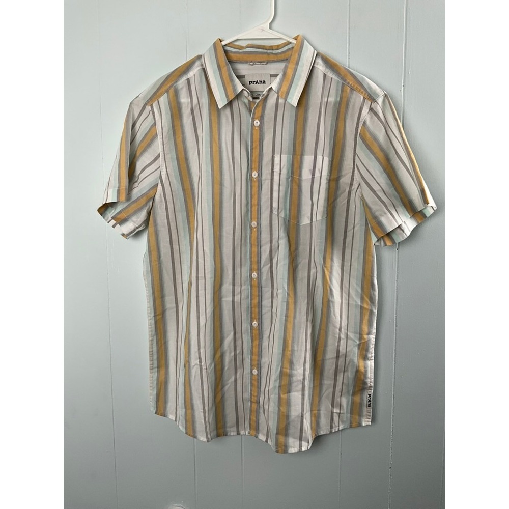 prAna Mens Medium Short Sleeve Button Down Striped Shirt Yellow Blue White Grey
